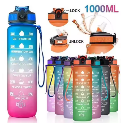 1L Motivational Sports Water Bottle with Straw & Time Markings – BPA Free | WAVE ENERGY