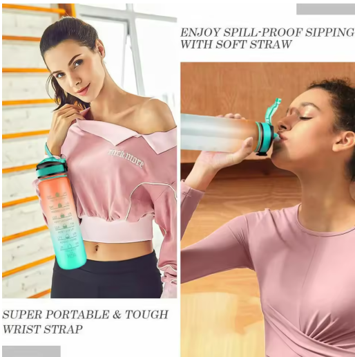 1L Motivierende Sport-Trinkflasche mit Strohhalm & Zeitmarkierungen