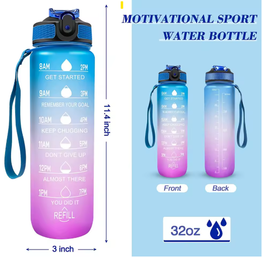 1L Motivierende Sport-Trinkflasche mit Strohhalm & Zeitmarkierungen